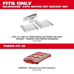 41pc 1/4” and 3/8” Drive Metric Bit Socket Set with PACKOUT Compact Low-Profile Organizer shown with case and sockets.