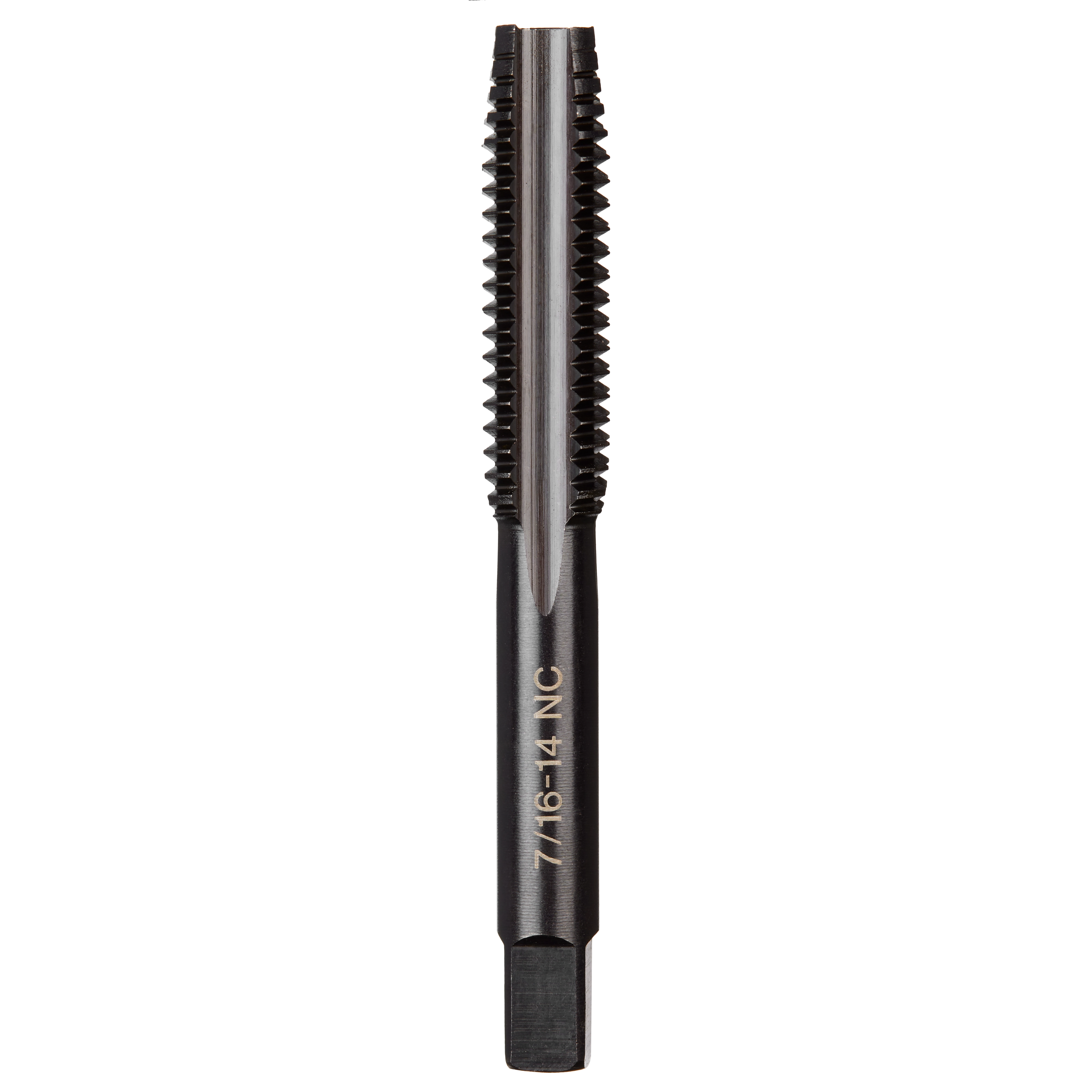 7/16"-14 NC Straight Flute Plug Tap with a cylindrical shape, sharp spiral grooves, and the product name etched on the side.