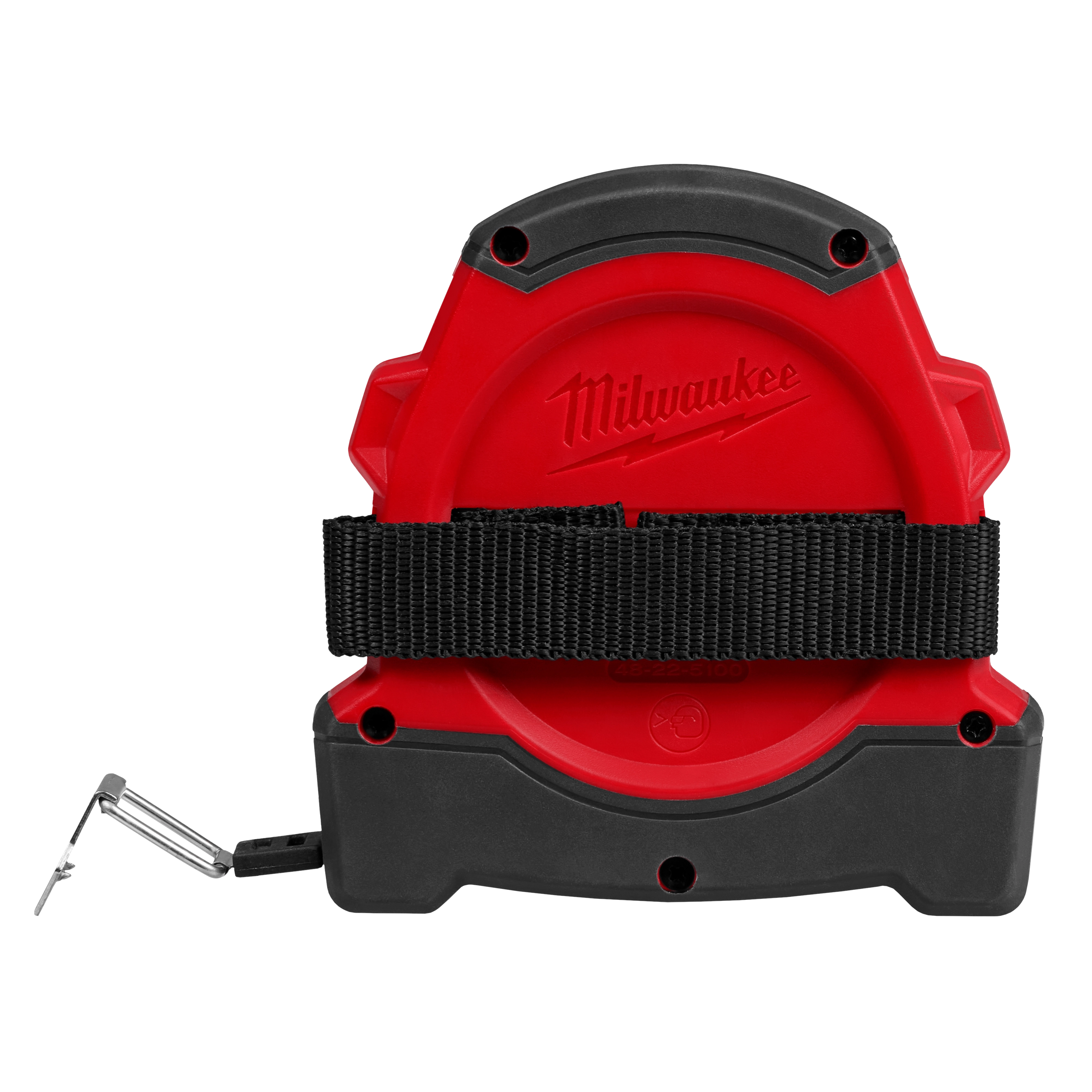 100FT Closed Reel Long Tape in a red and black housing with a carrying strap, featuring an ergonomic design and a metal hook.