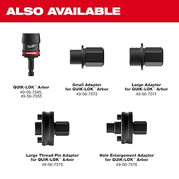 Various accessories compatible with the 12PC QUIK-LOK™ HOLE DOZER™ Bi-Metal Kit with PACKOUT™ Compact Organizer. Items include a QUIK-LOK™ Arbor, small adapter, large adapter, large thread pin adapter, and hole enlargement adapter. Product numbers included for easy identification.