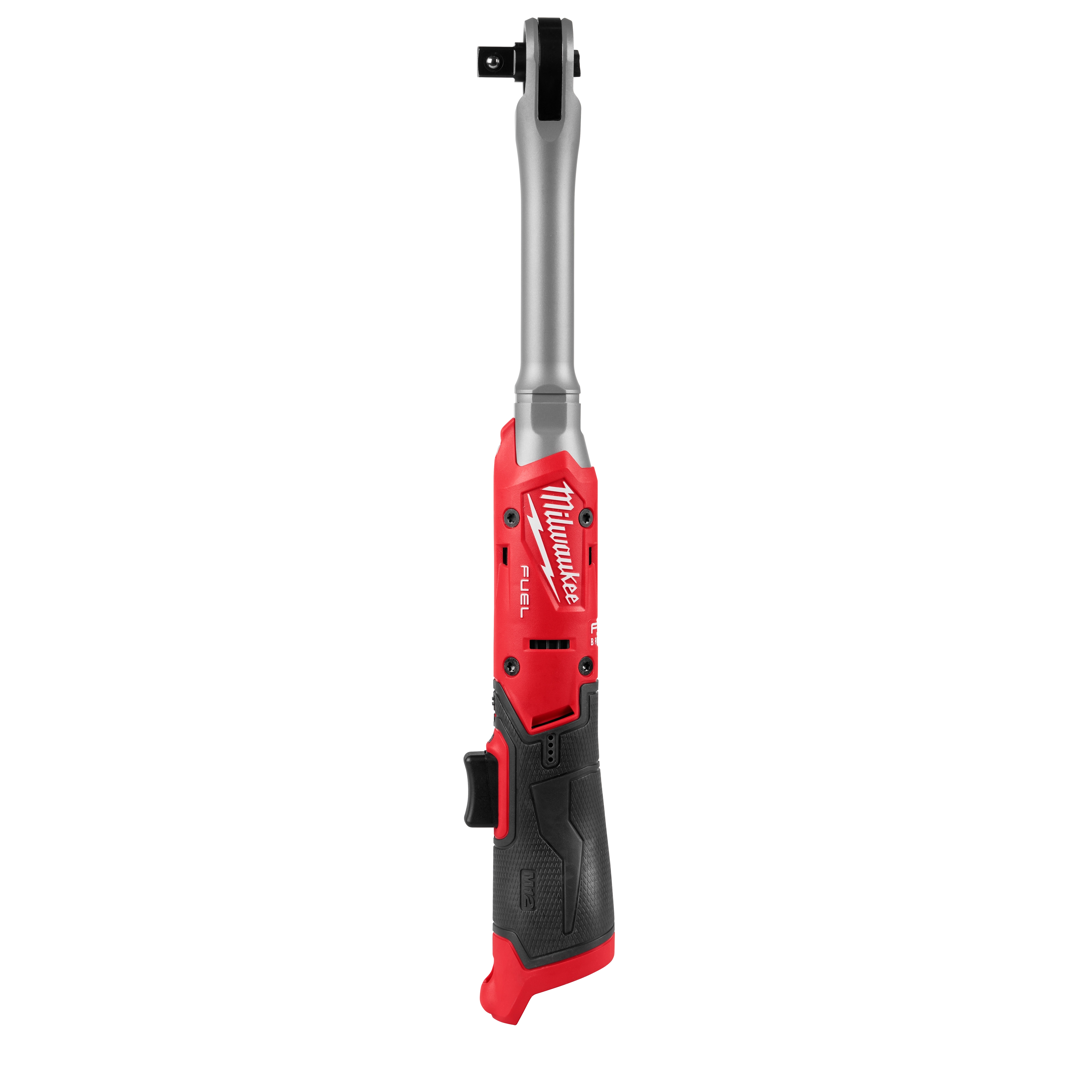 The M12 FUEL 1/2" Extended Reach Ratchet features a red and black ergonomic design with a slim profile for tight spaces. It has a metal neck for durability, a compact motor housing, and a switch for variable speed control.