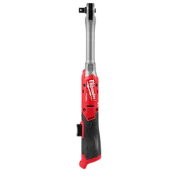 The M12 FUEL 1/2" Extended Reach Ratchet features a red and black ergonomic design with a slim profile for tight spaces. It has a metal neck for durability, a compact motor housing, and a switch for variable speed control.
