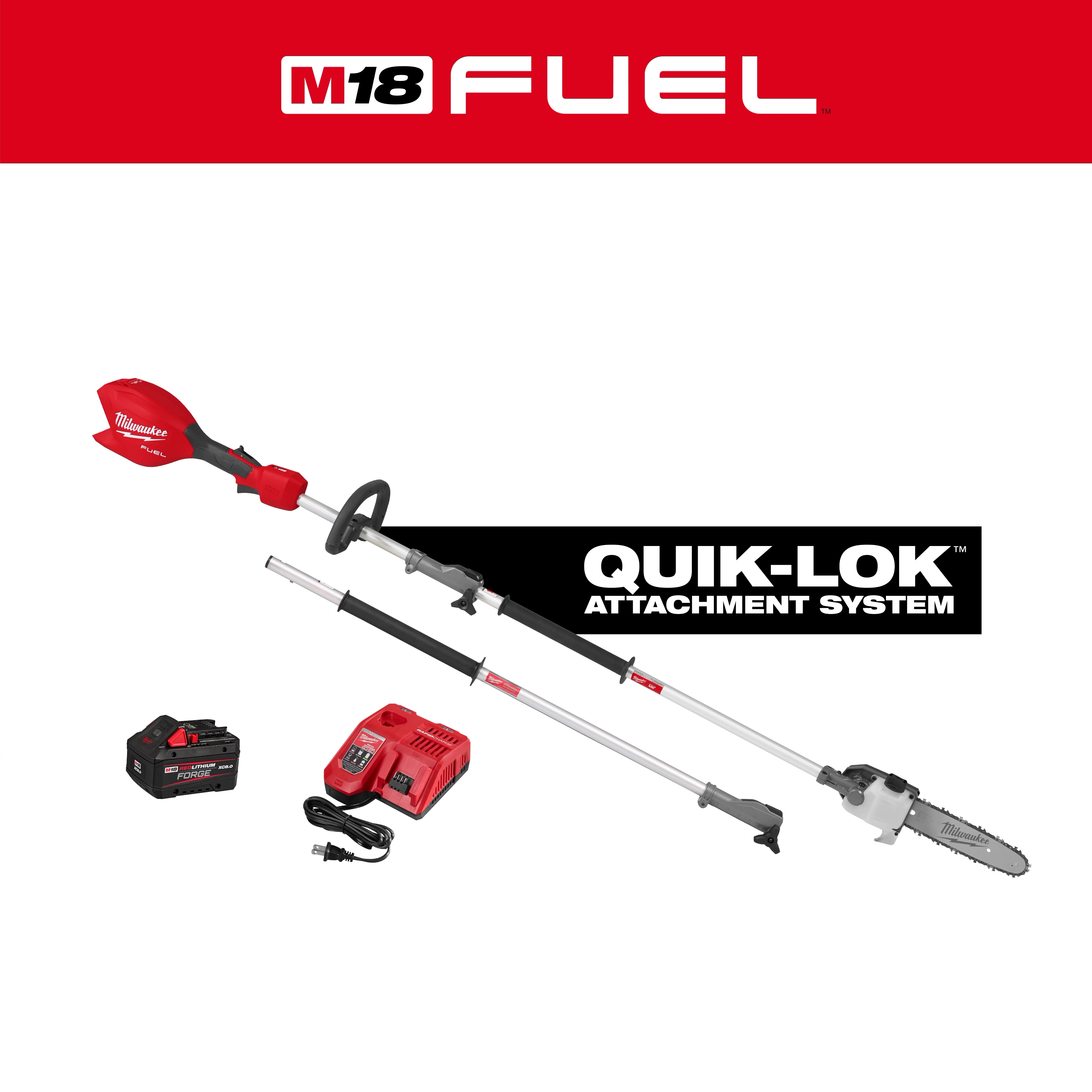 M18 FUEL QUIK-LOK Pole Saw Kit with pole saw, battery, charger, and attachment system text on white background.