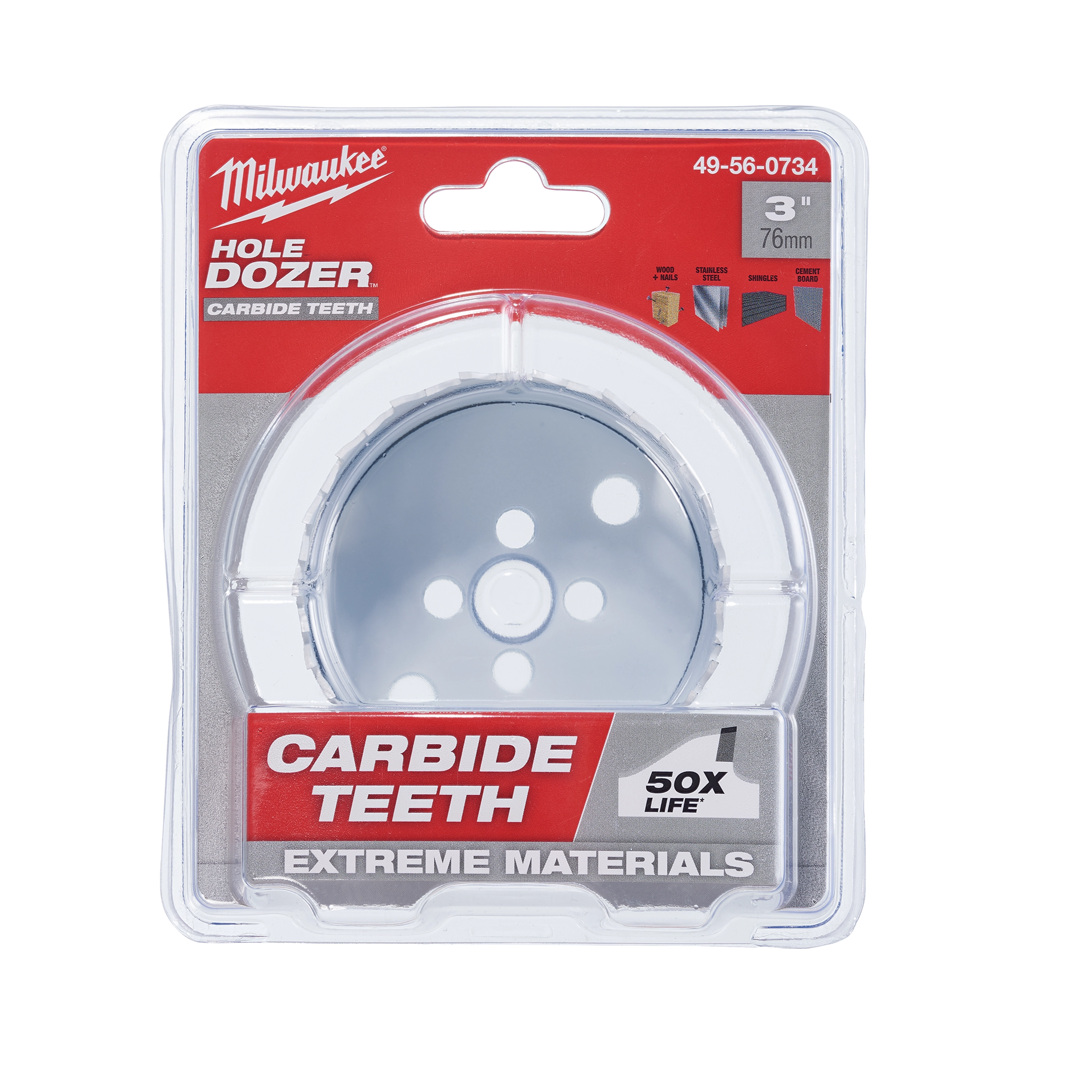 Milwaukee Hole Dozer 3-inch hole saw with carbide teeth in plastic packaging, labeled for extreme materials and 50X life.
