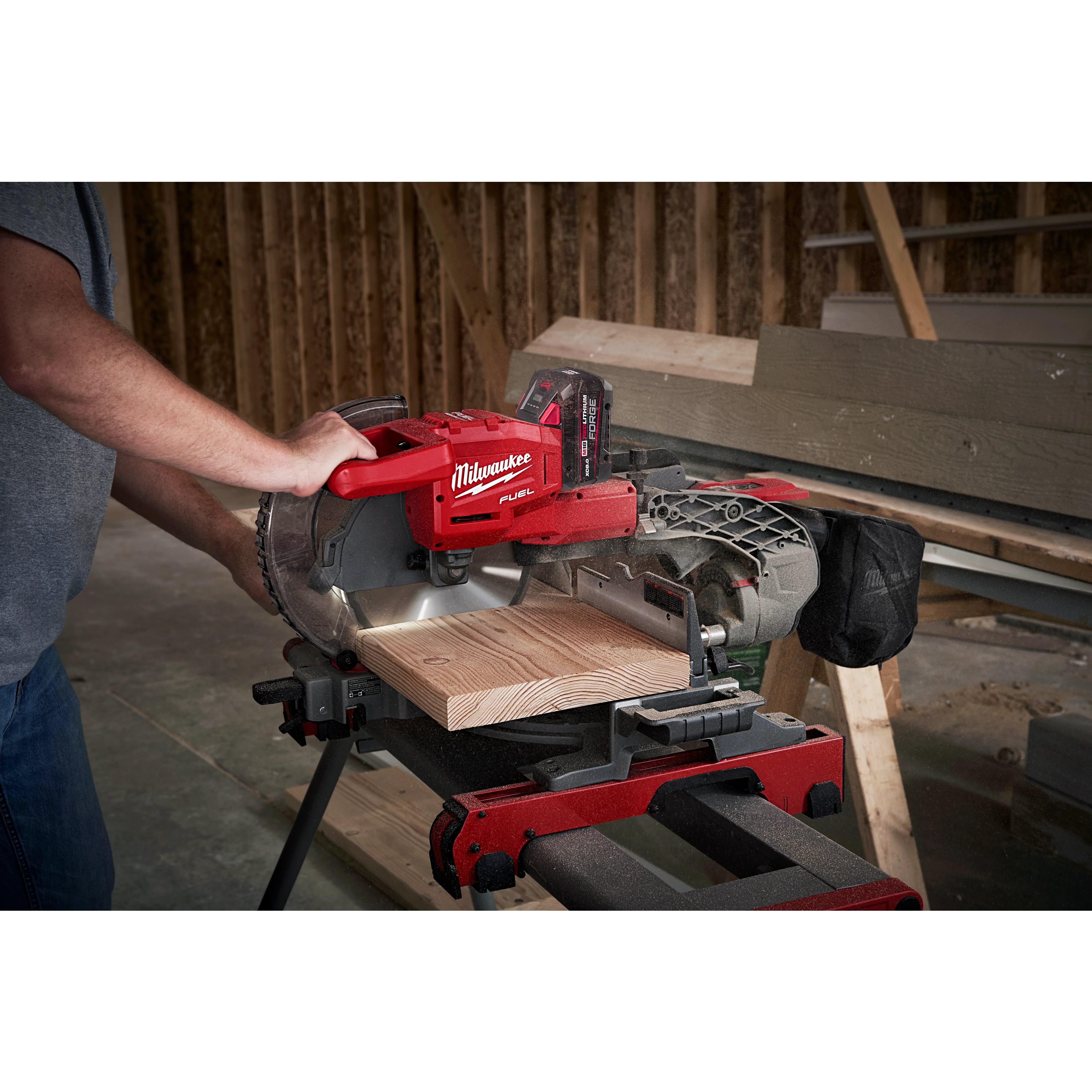 Image of the M18 FUEL 10" MITER SAW being used on the jobsite