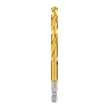 The Red Helix Titanium Impact Drill Bit features a gold-colored, spiral design with a hex shank at the base for secure attachment.