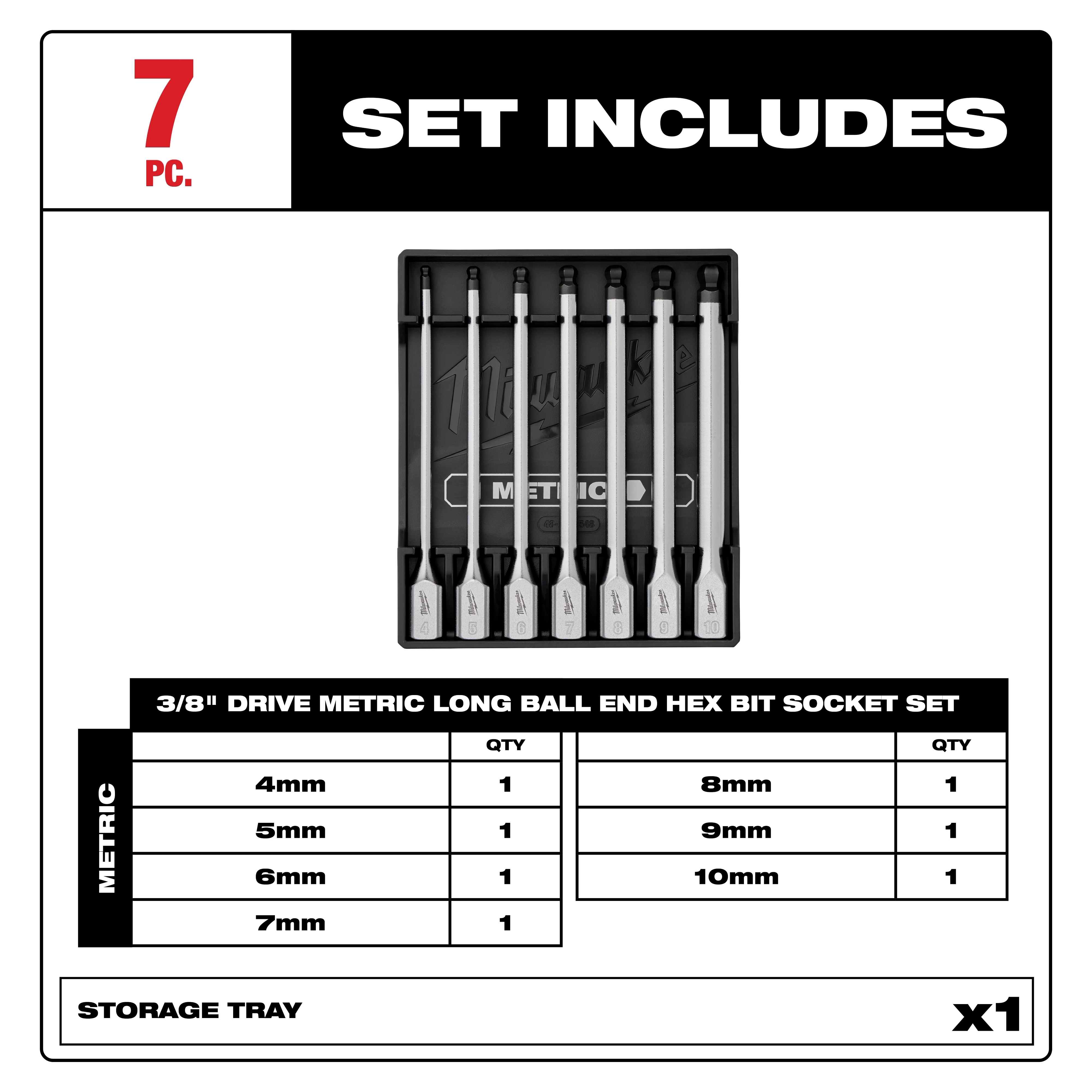 7pc 3/8” Drive Long Ball End Hex Bit Socket Set - Metric includes sizes 4mm, 5mm, 6mm, 7mm, 8mm, 9mm, and 10mm with storage tray.