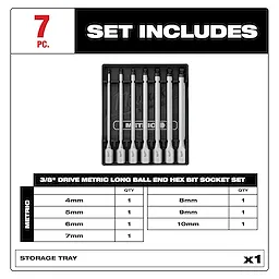7pc 3/8” Drive Long Ball End Hex Bit Socket Set - Metric includes sizes 4mm, 5mm, 6mm, 7mm, 8mm, 9mm, and 10mm with storage tray.