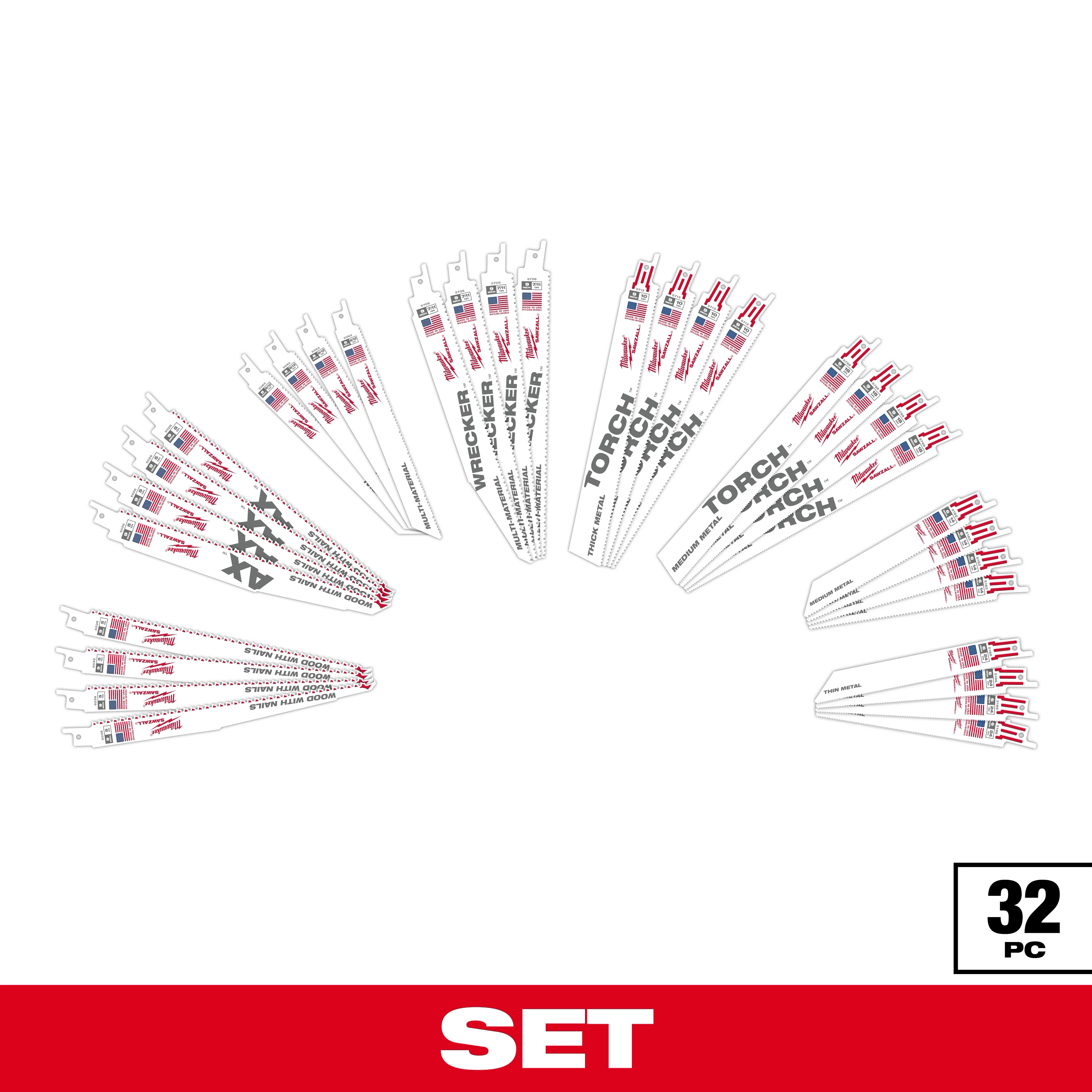 Milwaukee 32-piece reciprocating saw blade set arranged in a fan shape. Various blade types included, such as "The Ax," "The Wrecker," and "Torch." Text "32 PC" and "SET" appear at the bottom. Blades are white with red and black branding and are made in the USA.