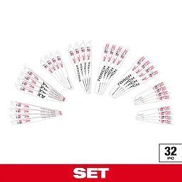 Milwaukee 32-piece reciprocating saw blade set arranged in a fan shape. Various blade types included, such as "The Ax," "The Wrecker," and "Torch." Text "32 PC" and "SET" appear at the bottom. Blades are white with red and black branding and are made in the USA.
