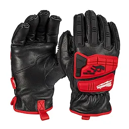 Black and red Impact Cut Level 5 Goatskin Leather Gloves with padded protection on the back of hand and fingers, and pull loops.