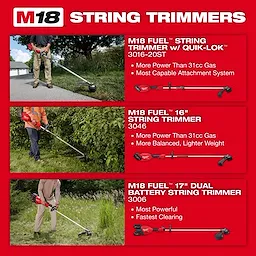 Promotional image showcasing three M18 string trimmers with features listed, operated by individuals, on a red background.