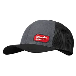 The GRIDIRON TRUCKER HAT is a gray and black cap with a red Milwaukee logo on the front panel. The back is mesh material.