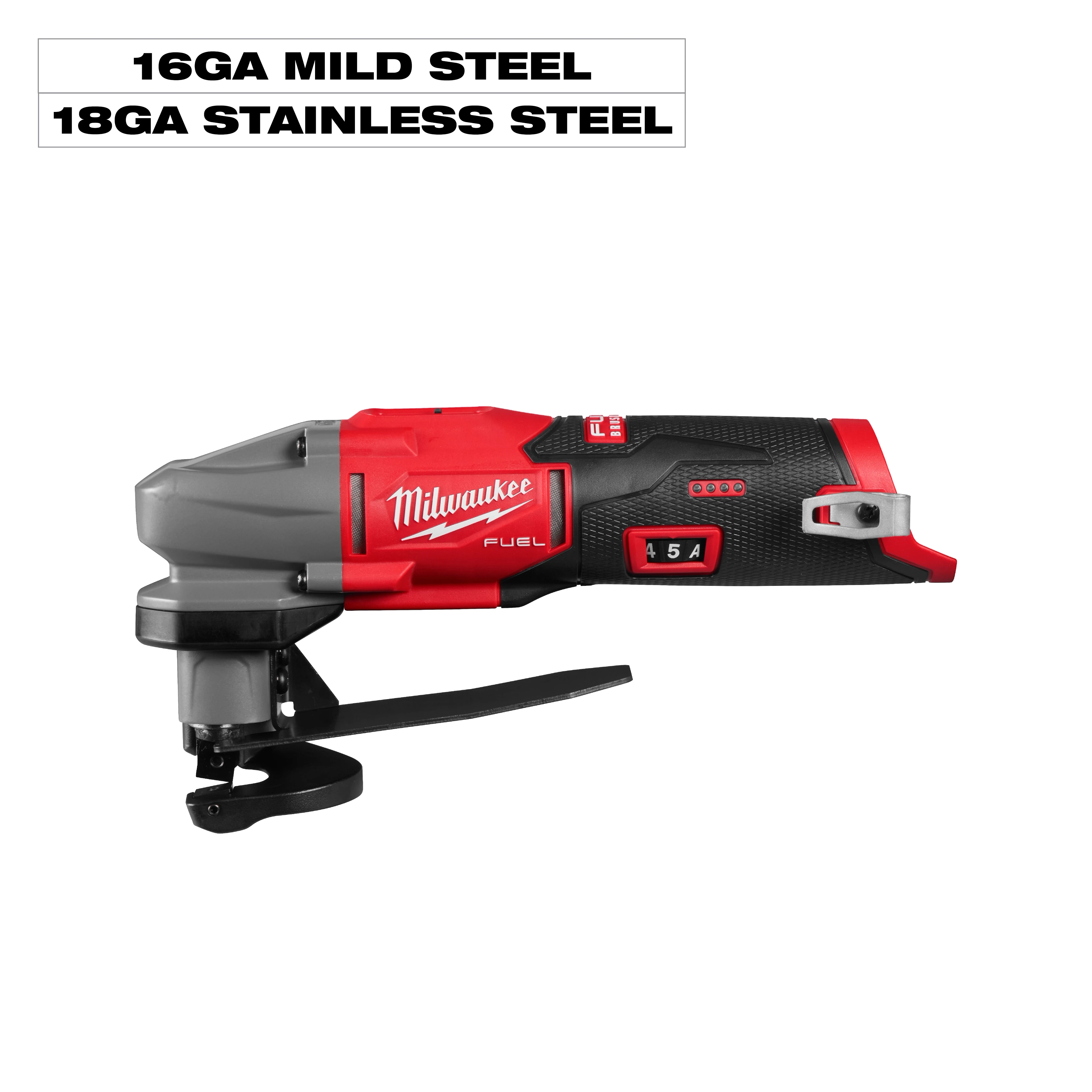 M12 FUEL 16 Gauge Scroll Shear power tool with cutting head and handle against a plain background.