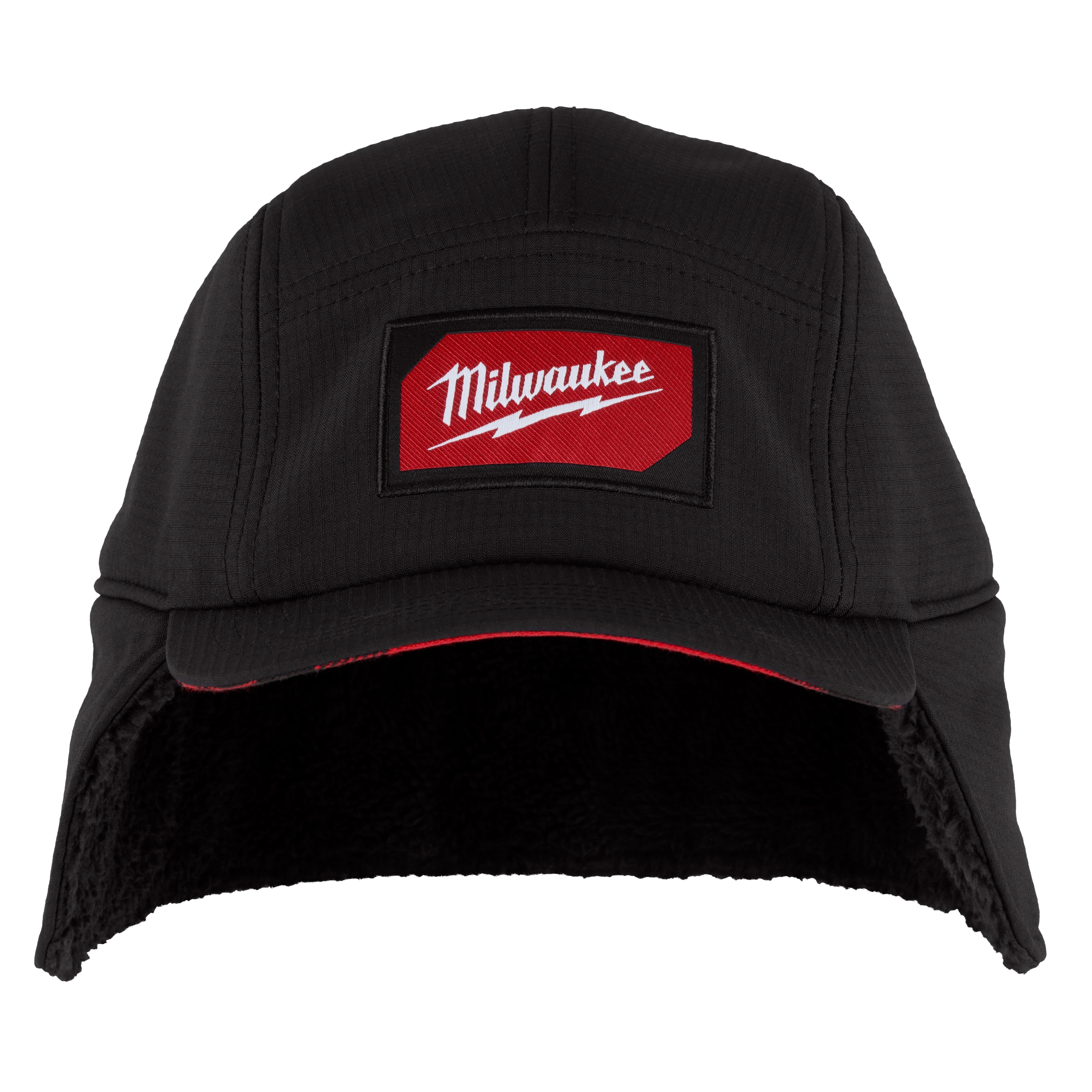 Milwaukee black Sherpa-Lined Hat with a red and white logo on the front. The hat has ear flaps and a black sherpa lining.