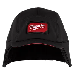 Milwaukee black Sherpa-Lined Hat with a red and white logo on the front. The hat has ear flaps and a black sherpa lining.