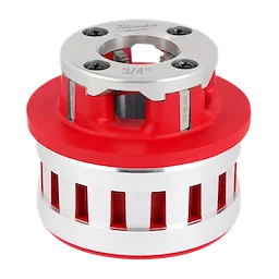 The NPT HS 12R Die Head 3/4" is a cylindrical metal tool with a red and silver design used for threading pipes. The front of the die head displays the size "3/4" and has multiple cutting teeth secured by screws. The tool features slotted openings for stability.