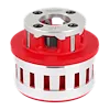 The NPT HS 12R Die Head 3/4" is a cylindrical metal tool with a red and silver design used for threading pipes. The front of the die head displays the size "3/4" and has multiple cutting teeth secured by screws. The tool features slotted openings for stability.