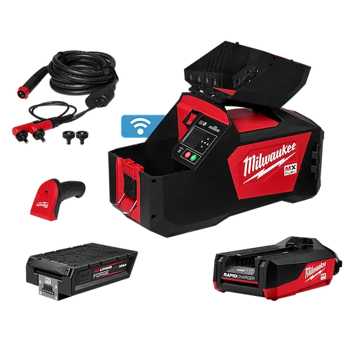 Milwaukee MX FUEL™ Electrofusion Processor with a bold red and black color scheme. Includes cables, connectors, red hand tool, two batteries, and a rapid charger. Device has digital display and control buttons. Wi-Fi symbol indicates connectivity features.