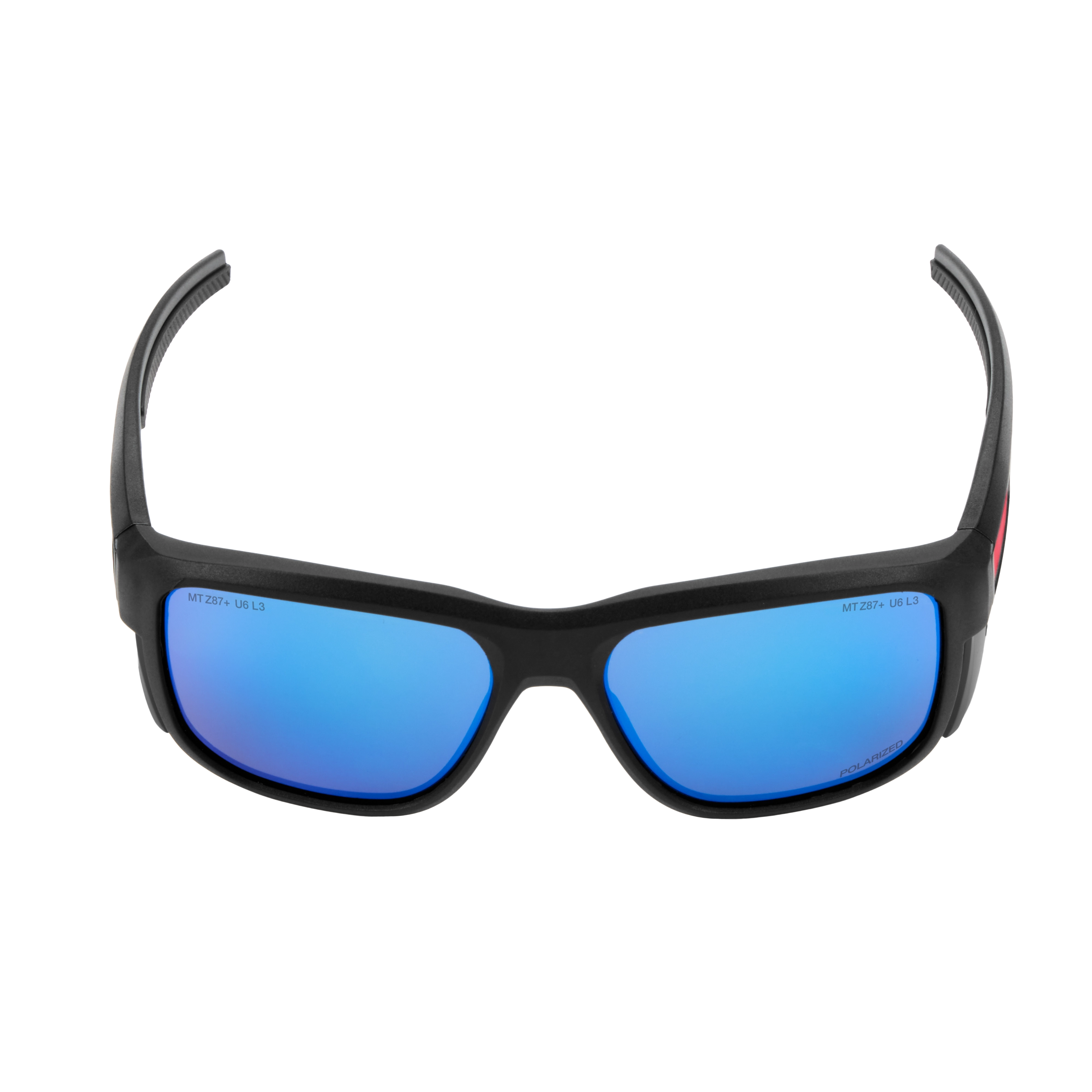 Polarized Full Frame Safety Glasses with Removable Side Shields feature blue mirrored dual coat lenses. The glasses have a black frame, wraparound arms, and provide full coverage protection with removable side shields for additional safety during various tasks.