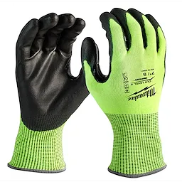 Hi Vis Cut Gloves are high-visibility, cut-resistant gloves with black palms and fingertips, and bright green backs. They offer a secure grip.