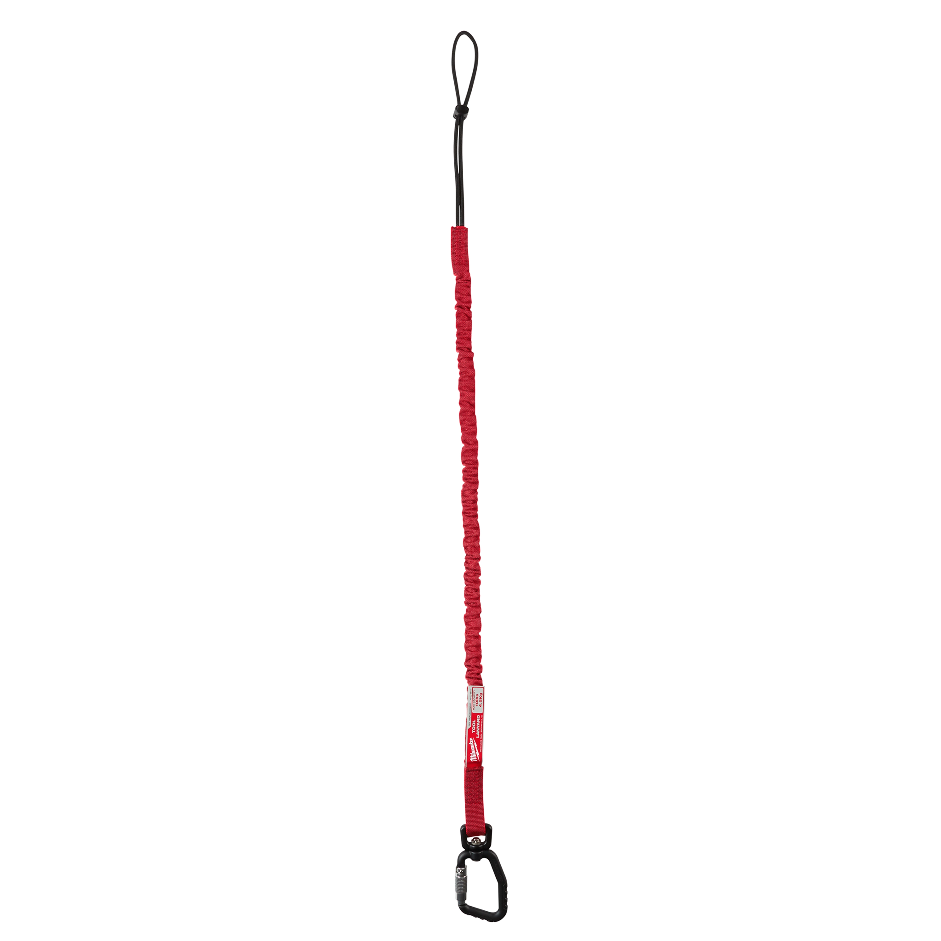 Red 10 LB Locking Tool Lanyard with black loop and carabiner clip, designed for securing tools to prevent drops.