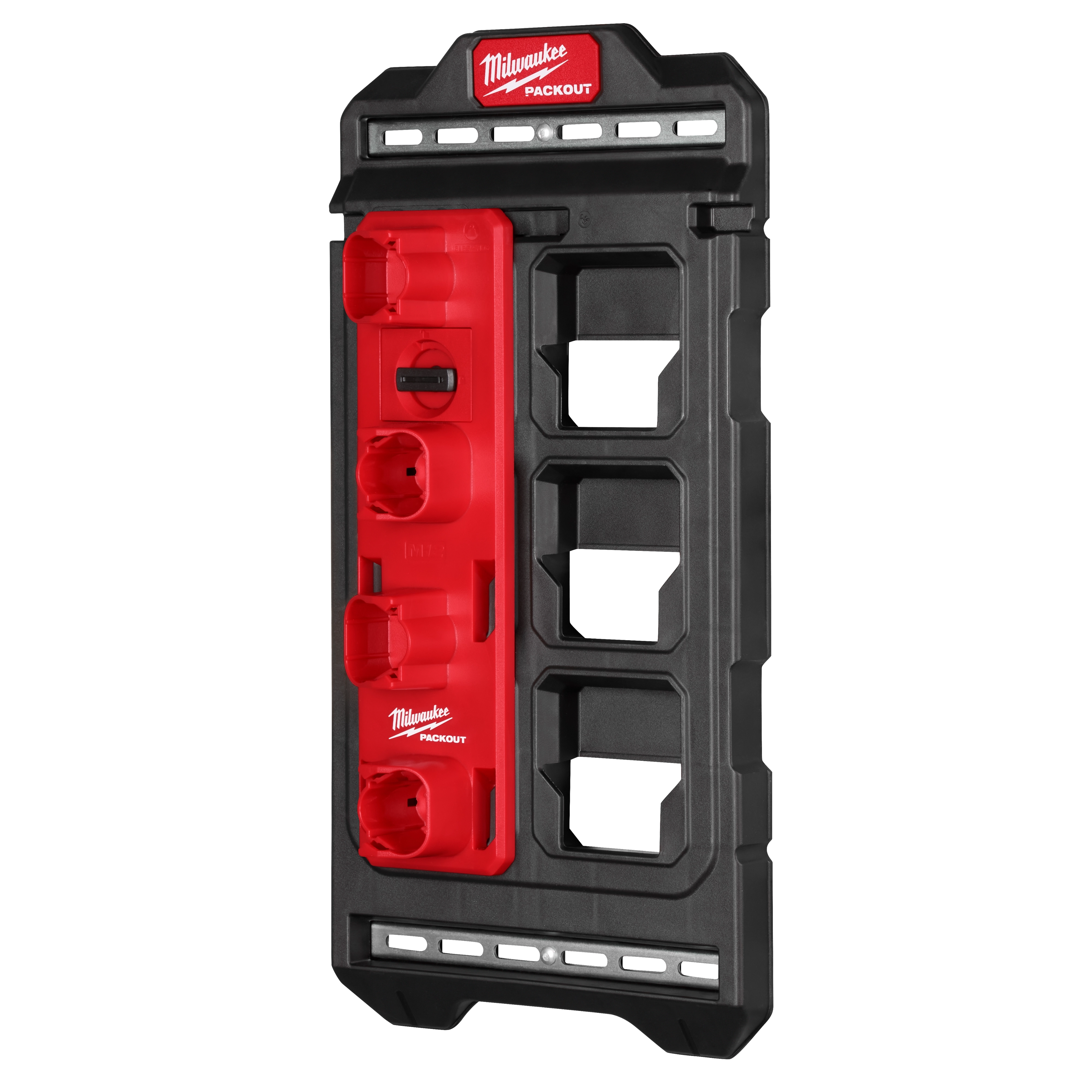 Black and red Milwaukee PACKOUT Compact Wall Plate with three mounting slots, designed for organizing tools and accessories.