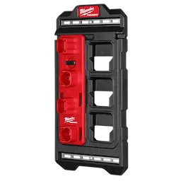 Black and red Milwaukee PACKOUT Compact Wall Plate with three mounting slots, designed for organizing tools and accessories.