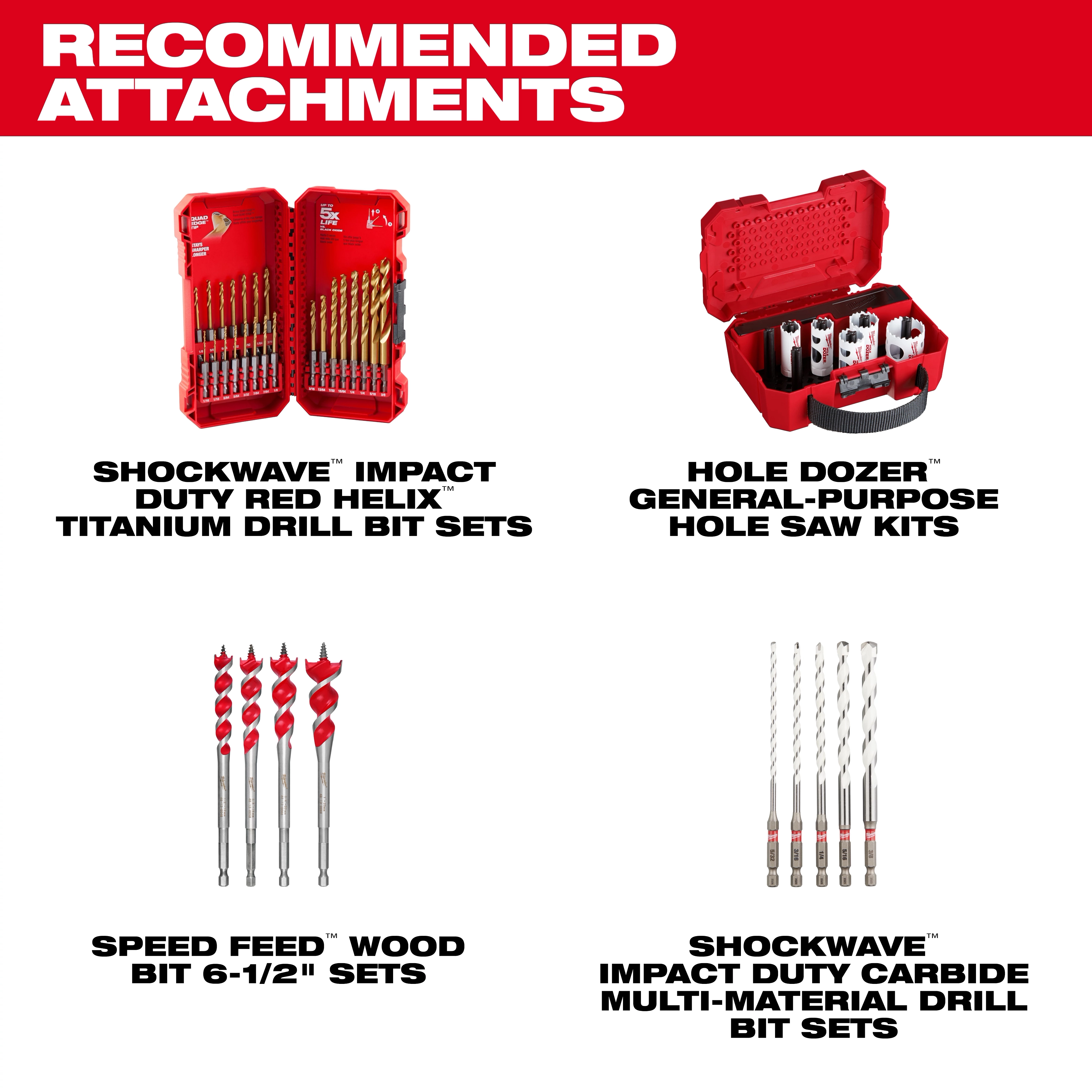 Recommended attachments for M18 Compact Brushless Drills: RED HELIX titanium drill bits, HOLE DOZER saw kits, wood bits, and carbide drill bits.