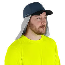 The WORKSKIN Sunshade Hat, worn by a person in a yellow shirt, features a navy blue cap with a grey fabric sunshade covering the neck.