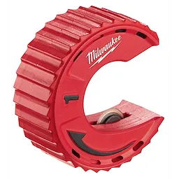 Milwaukee Close Quarters Tubing Cutters, a red circular tool with a ribbed grip and internal cutting blade, ideal for tight spaces.