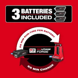 MX FUEL 36" Walk-Behind Trowel package includes 3 batteries, each offering 25 minutes of run-time and 65 minutes charge time.