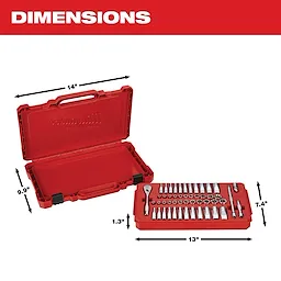 This image shows a red Milwaukee tool case with dimensions labeled. The case measures 14 inches in length, 9.9 inches in height, and 1.3 inches in thickness. The internal tray of tool bits measures 13 inches by 7.4 inches and includes a variety of tools and accessories.