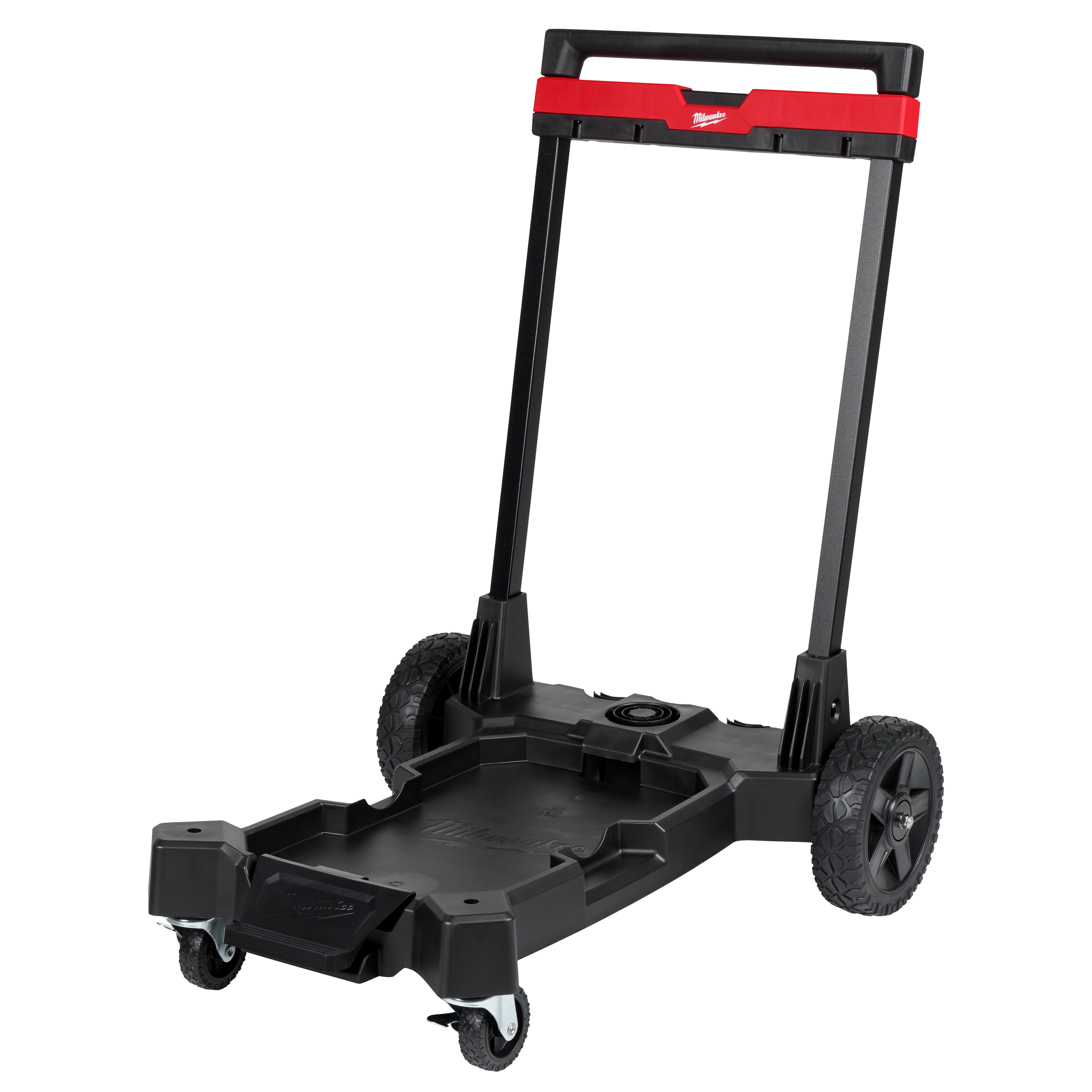 The Premium Wet/Dry Vacuum Cart is a black and red cart with sturdy, textured wheels and a handle for easy maneuverability. The cart features a tray for carrying equipment and has two small swivel caster wheels at the front.