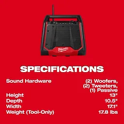 The image displays the specifications for the M18 BLUETOOTH JOBSITE RADIO + CHARGER. It has two woofers, two tweeters, and one passive. The height is 13 inches, depth 10.5 inches, width 17.1 inches, and weight 17.8 lbs.