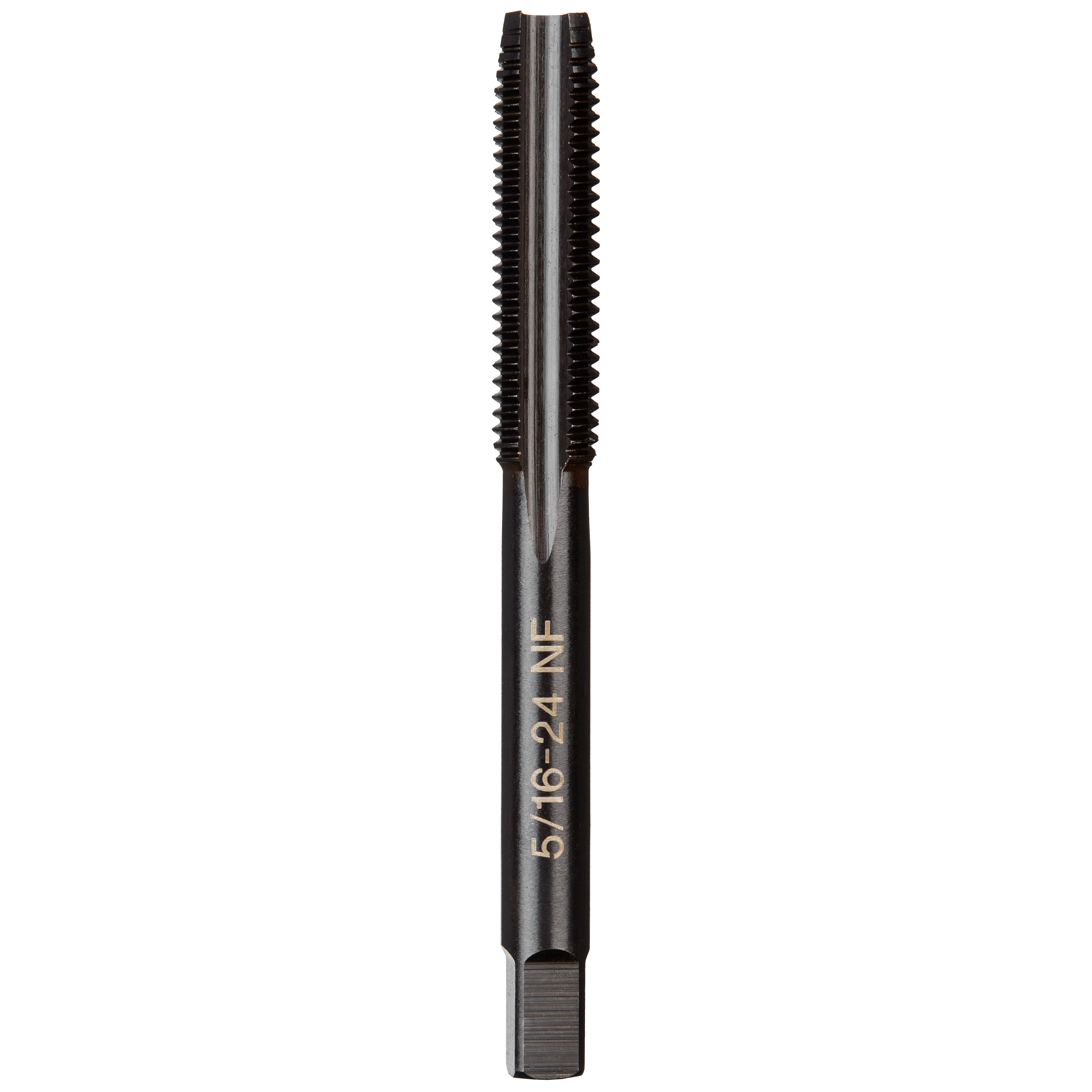 5/16-24 NF Straight Flute Plug Tap is a metal tool with a threaded cutting edge used for creating internal threads.