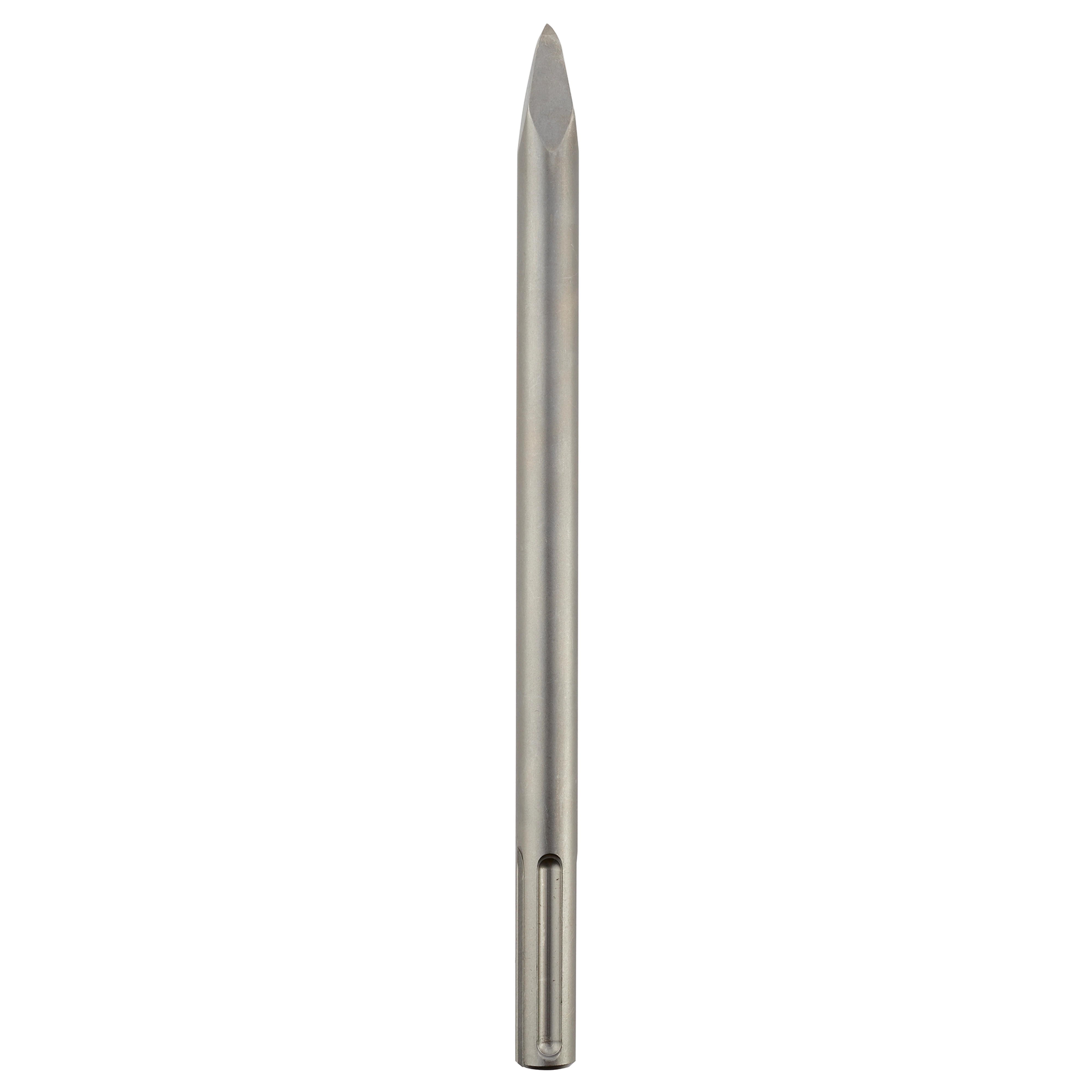 The SDS-MAX 12" Bull Point is a metallic, chisel-shaped tool attachment designed for heavy-duty drilling and demolition work. It has a long, cylindrical body with a pointed end for precision and fits into compatible power tools.
