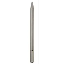 The SDS-MAX 12" Bull Point is a metallic, chisel-shaped tool attachment designed for heavy-duty drilling and demolition work. It has a long, cylindrical body with a pointed end for precision and fits into compatible power tools.