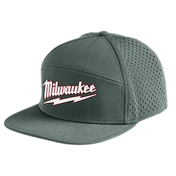 Green Flat Brim Snapback hat with white and red "Milwaukee" text and lightning bolt logo. Side panels feature ventilation holes.
