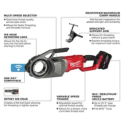 Milwaukee M18 FUEL Pipe Threader with ONE-KEY Kit is a cordless tool with variable speed trigger, die head retention lock, and reinforced magnesium handle.