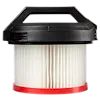 The HEPA Filter is a cylindrical air filter with a black, plastic top handle and pleated white paper with a red base.