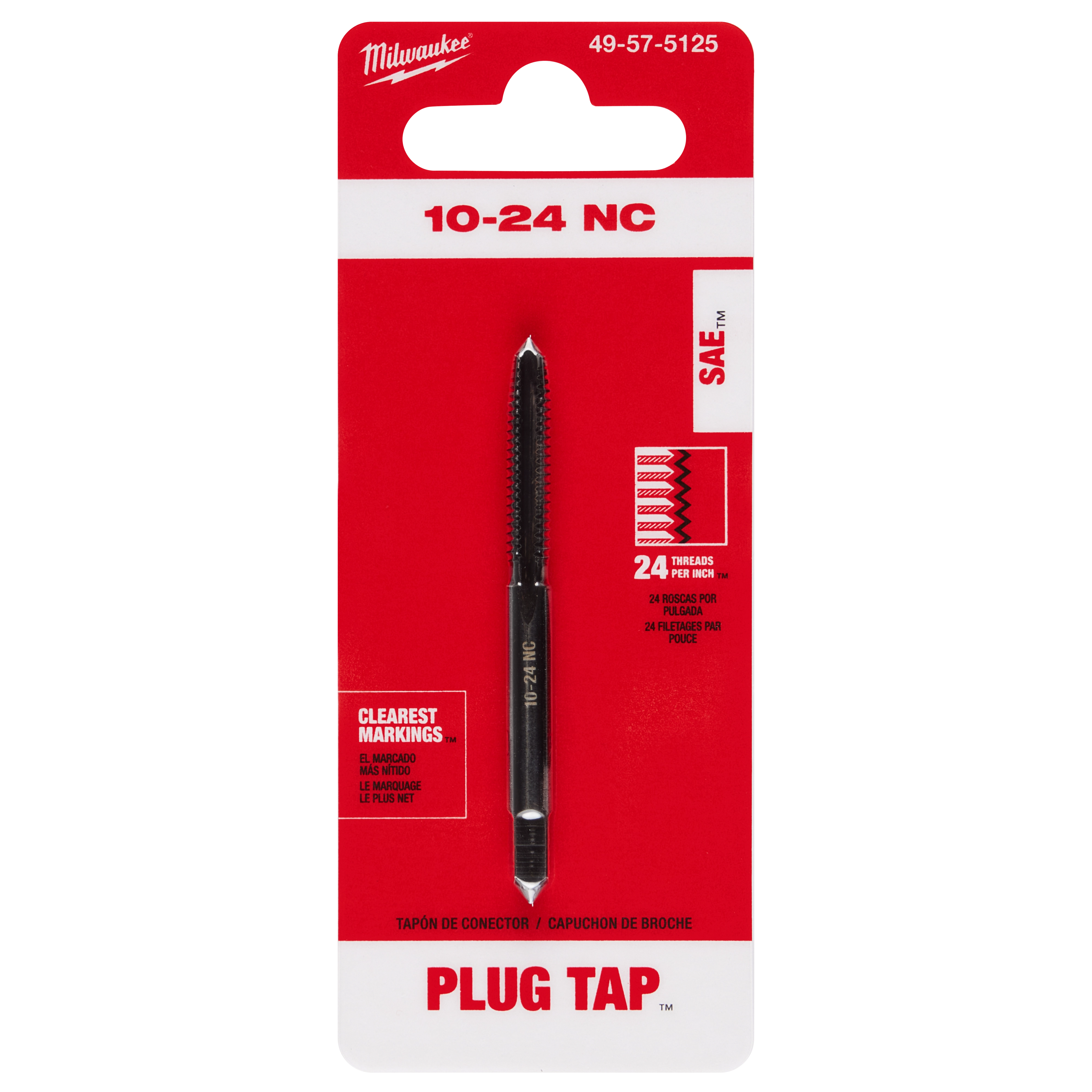 10-24 NC Straight Flute Plug Tap in red packaging with product markings for 24 threads per inch and SAE specifications.