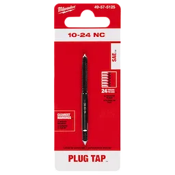 10-24 NC Straight Flute Plug Tap in red packaging with product markings for 24 threads per inch and SAE specifications.
