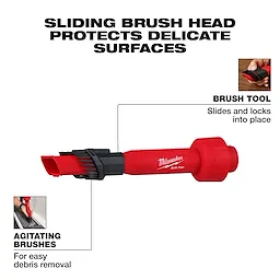 The image shows the AIR-TIP™ 2-in-1 Utility Brush Tool, a red cleaning tool with a sliding brush head that locks into place. The tool features agitating brushes designed for easy debris removal, and is advertised to protect delicate surfaces.