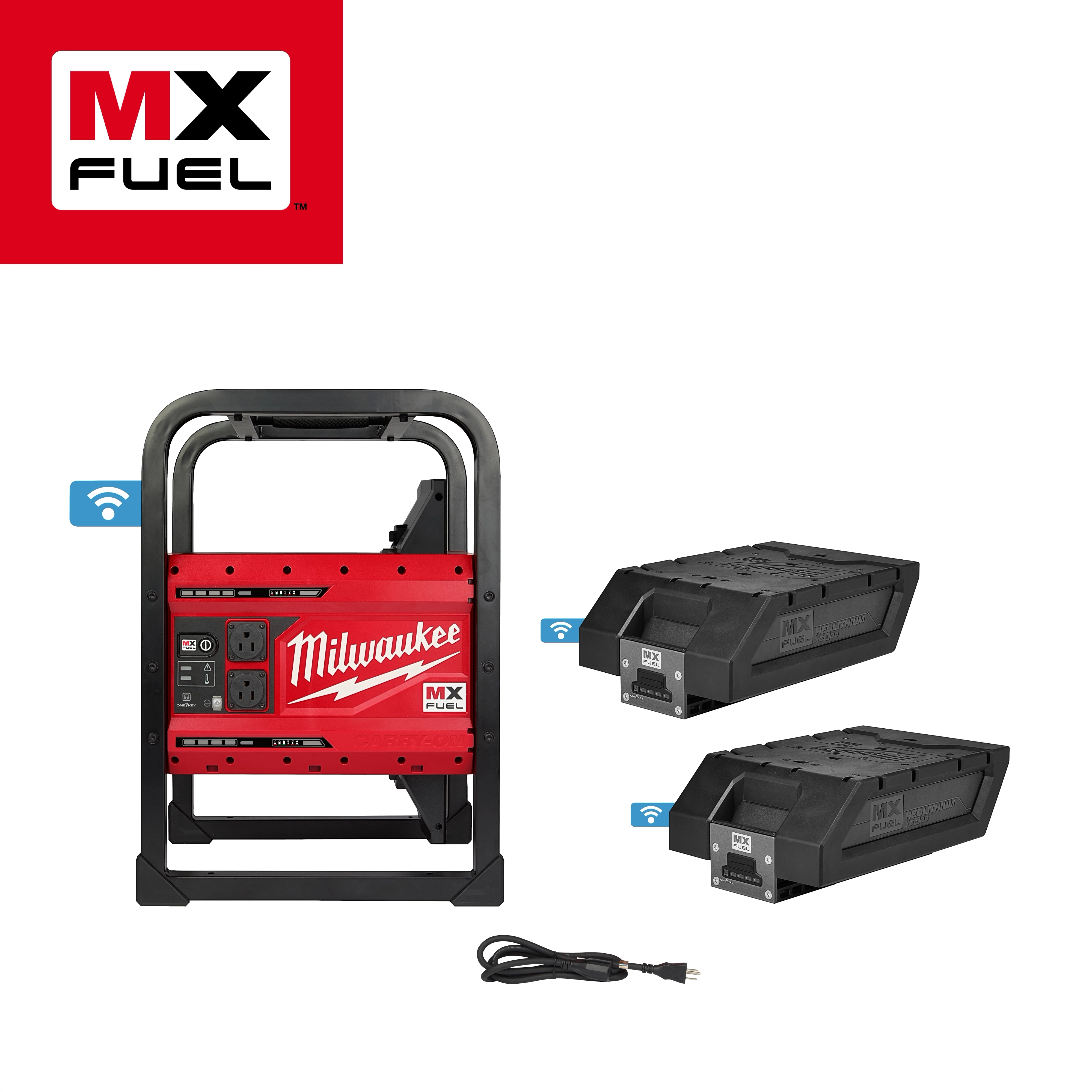 MX FUEL CARRY-ON 3600W/1800W Power Supply Kit includes a red power unit, two black batteries, and a power cord.