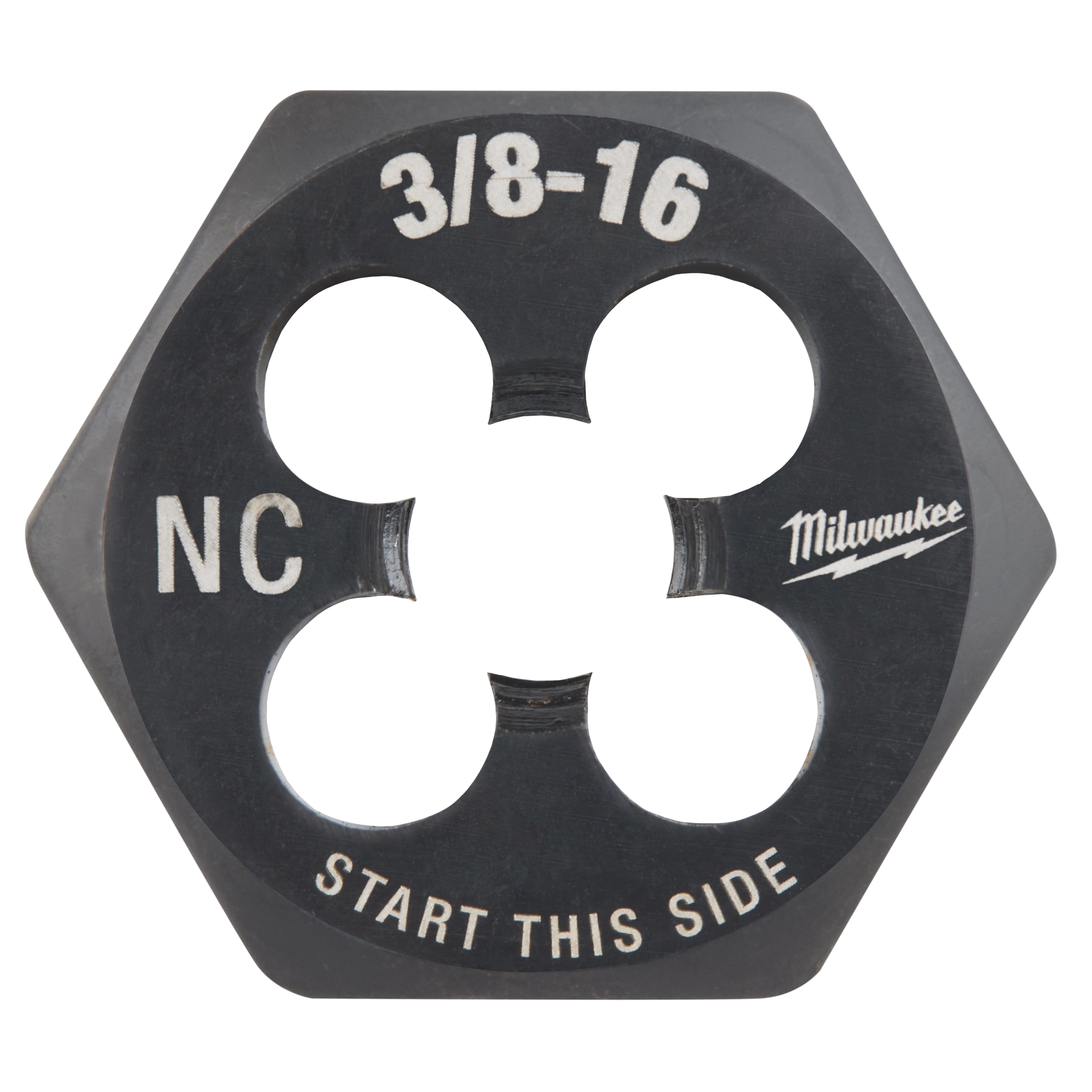 3/8"-16 NC 1-Inch Hex Die, black with silver markings, featuring a 4-hole design and labeled "Start This Side."
