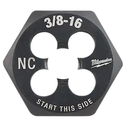 3/8"-16 NC 1-Inch Hex Die, black with silver markings, featuring a 4-hole design and labeled "Start This Side."
