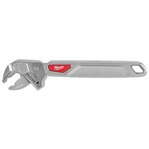 8" Ratcheting Adjustable Wrench with textured metal handle and open jaw, featuring a red accent panel.