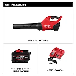 Kit includes Milwaukee M18 Fuel blower, M18 REDLITHIUM Forge HD12.0 battery, and M18 & M12 rapid charger.