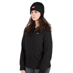 Image of a woman wearing the Milwaukee Rib-Knit Cuffed Beanie in black